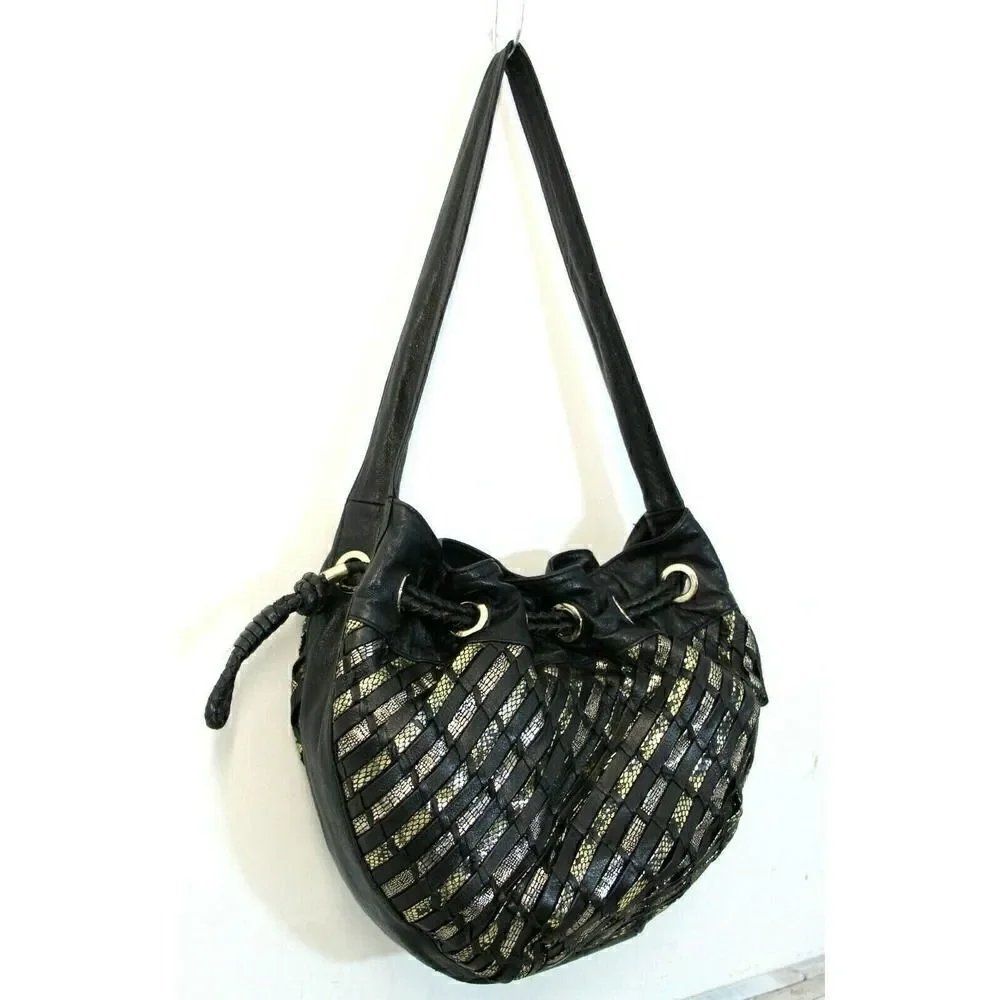 Elliott Lucca BLACK GOLD WOVEN GENUINE LEATHER DRAWSTRING SHOULDER BAG PURSE